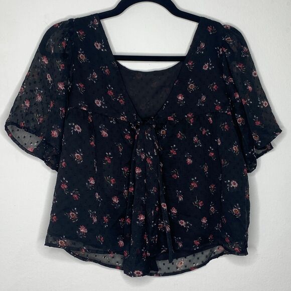 Loft Cute Black Floral Print Round Neck Short Sleeve V-Back With Ties Blouse XXS - Picture 4 of 11